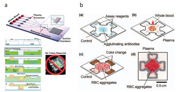 (a) 真空處理的微流控芯片 (b) 紙做的微流控芯片，上述兩種芯片皆能即時分離血球血漿，進行血漿內(nèi)蛋白質(zhì)檢測