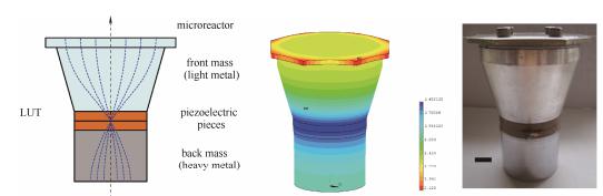 圖4超聲微反應(yīng)器、振動(dòng)位移分布及實(shí)物圖（標(biāo)尺為10mm）