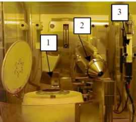 顯示晶片卡盤（1），帶噴頭（2）的旋轉(zhuǎn)臂和光刻膠注射泵（3）[2]的噴涂裝置的照片。