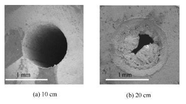 不同管長(zhǎng)微通道出口的SEM圖
