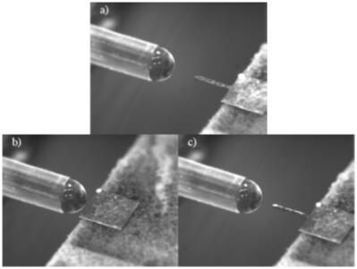 定制的微針涂覆設(shè)備和微針涂覆過程：a）涂覆前；b）微針涂覆中；c）撤回微針，完成涂覆