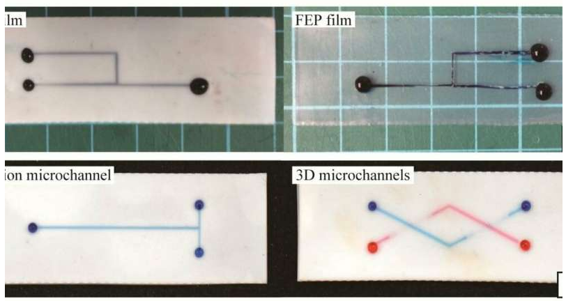 代表性的含氟聚合物微通道，其中充滿含水染料的水。圖片來(lái)源：SUTD