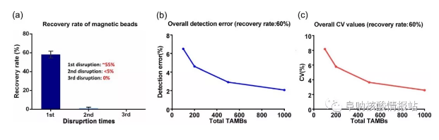 圖4 磁珠的回收率及其對檢測的影響。