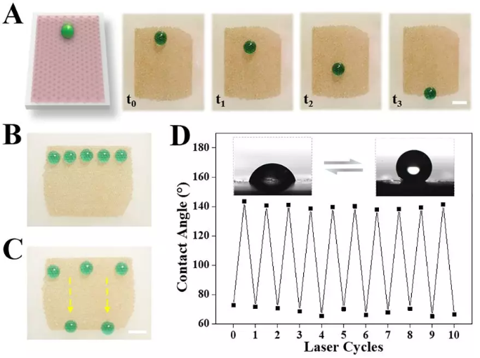 圖2 具有可編程浸潤性陣列的功能性表面在近紅外的照射下進(jìn)行液滴操控