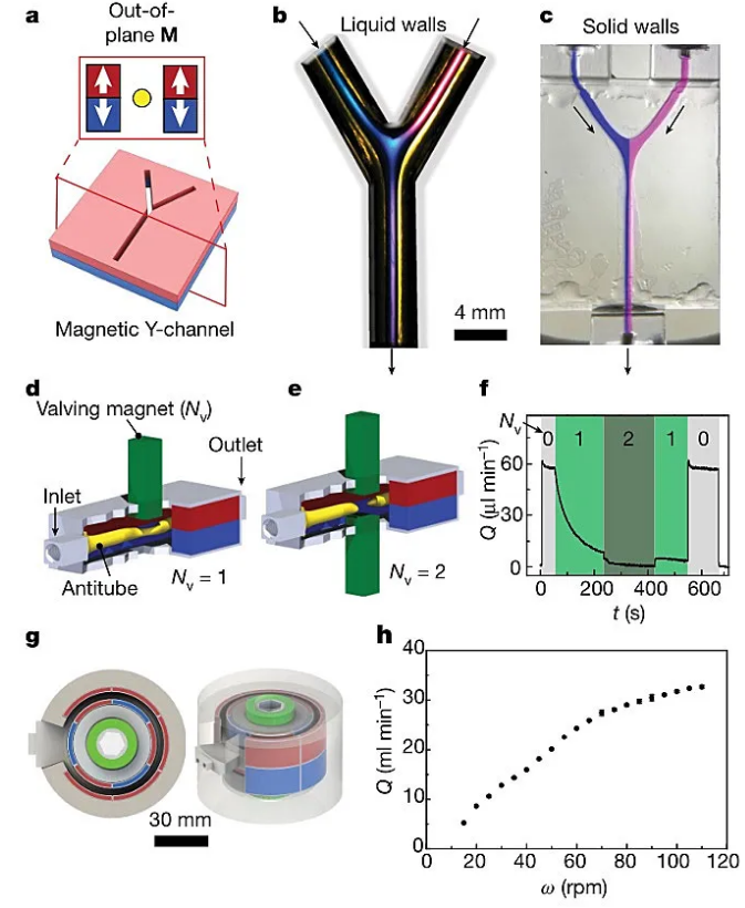 通過控制磁場(chǎng)實(shí)現(xiàn)微流體控制。圖片來源：Nature